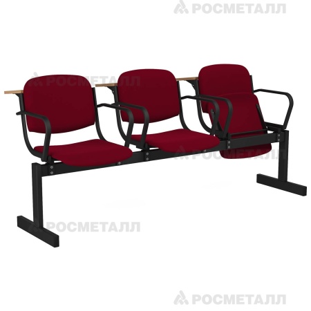 Блок стульев 3-местный мягкий, откидной, с подлокотниками, лекционный Флок Бордо (флок)