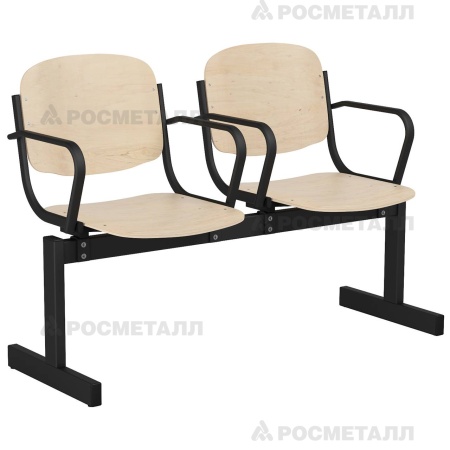 Блок стульев 2-местный жесткий, неоткидной с подлокотниками Гнутоклееная фанера Фанера/лак