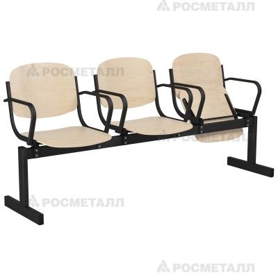 Блок стульев 3-местный жесткий, откидной с подлокотниками Гнутоклееная фанера Фанера/лак