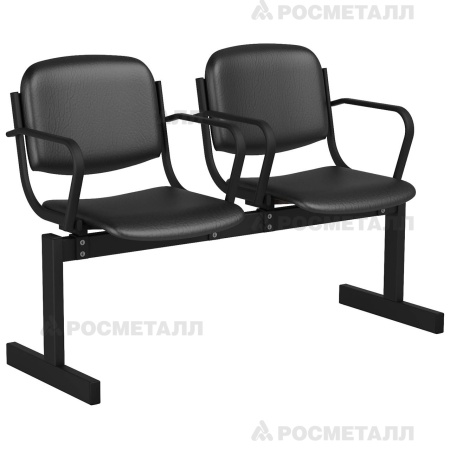 Блок стульев 2-местный мягкий, не откидной, с подлокотниками Кожзаменитель Серый